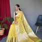 Yellow Pure Muslin  Silk Saree With Rose Gold Zari Weaved