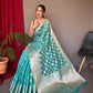 Sky Blue Pure Muslin  Silk Saree With Rose Gold Zari Weaved