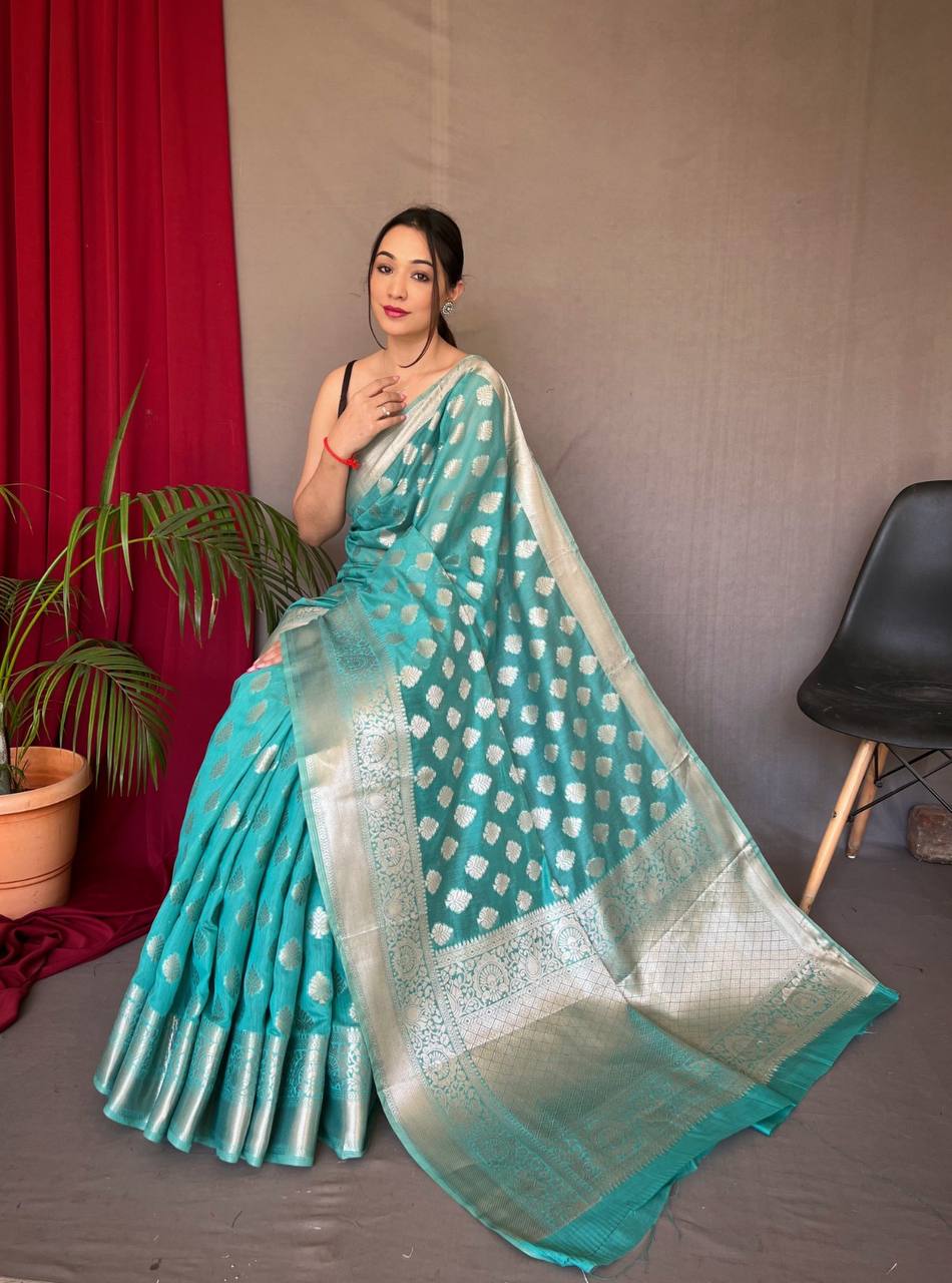 Sky Blue Pure Muslin  Silk Saree With Rose Gold Zari Weaved