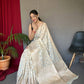 Light Grey Pure Muslin  Silk Saree With Rose Gold Zari Weaved