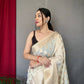 Light Grey Pure Muslin  Silk Saree With Rose Gold Zari Weaved