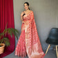 Peach Pure Muslin  Silk Saree With Rose Gold Zari Weaved