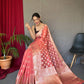 Peach Pure Muslin  Silk Saree With Rose Gold Zari Weaved