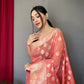Peach Pure Muslin  Silk Saree With Rose Gold Zari Weaved