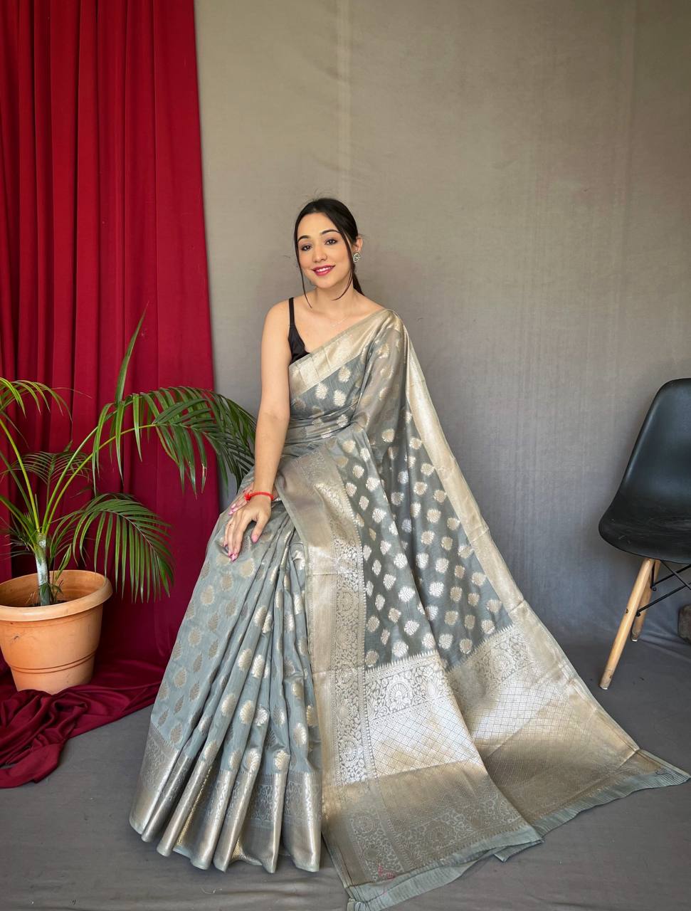 Grey Pure Muslin  Silk Saree With Rose Gold Zari Weaved