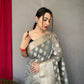 Grey Pure Muslin  Silk Saree With Rose Gold Zari Weaved