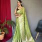 Green Muslin  Silk Saree With Rose Gold Zari Weaved