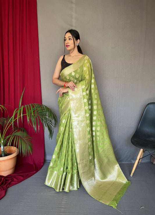 Green Muslin  Silk Saree With Rose Gold Zari Weaved