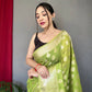 Green Muslin  Silk Saree With Rose Gold Zari Weaved