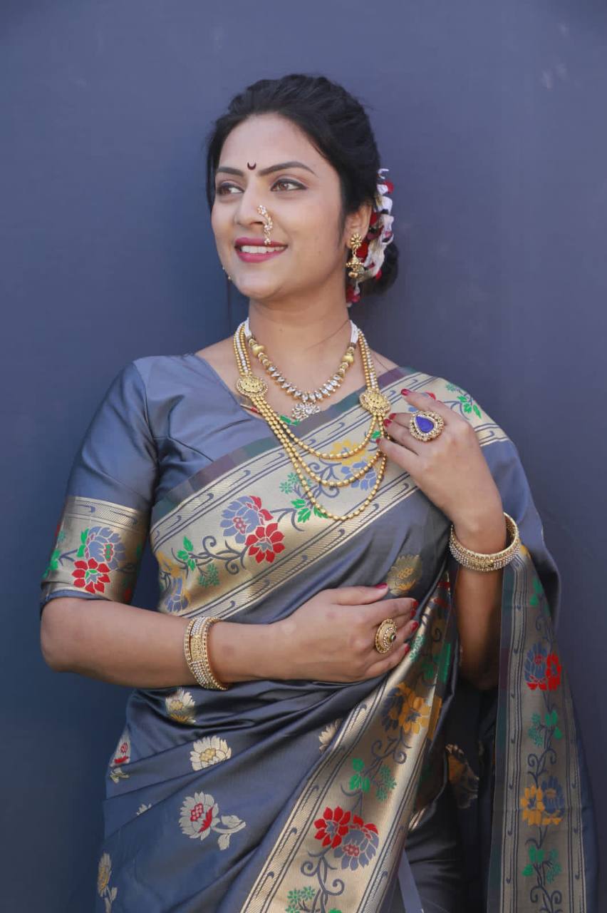 Grey Paithani Pure Silk Handloom Saree