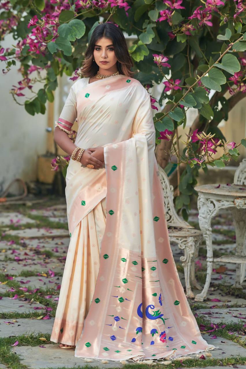 White Banarasi Soft Silk Paithani Saree With Zari Border