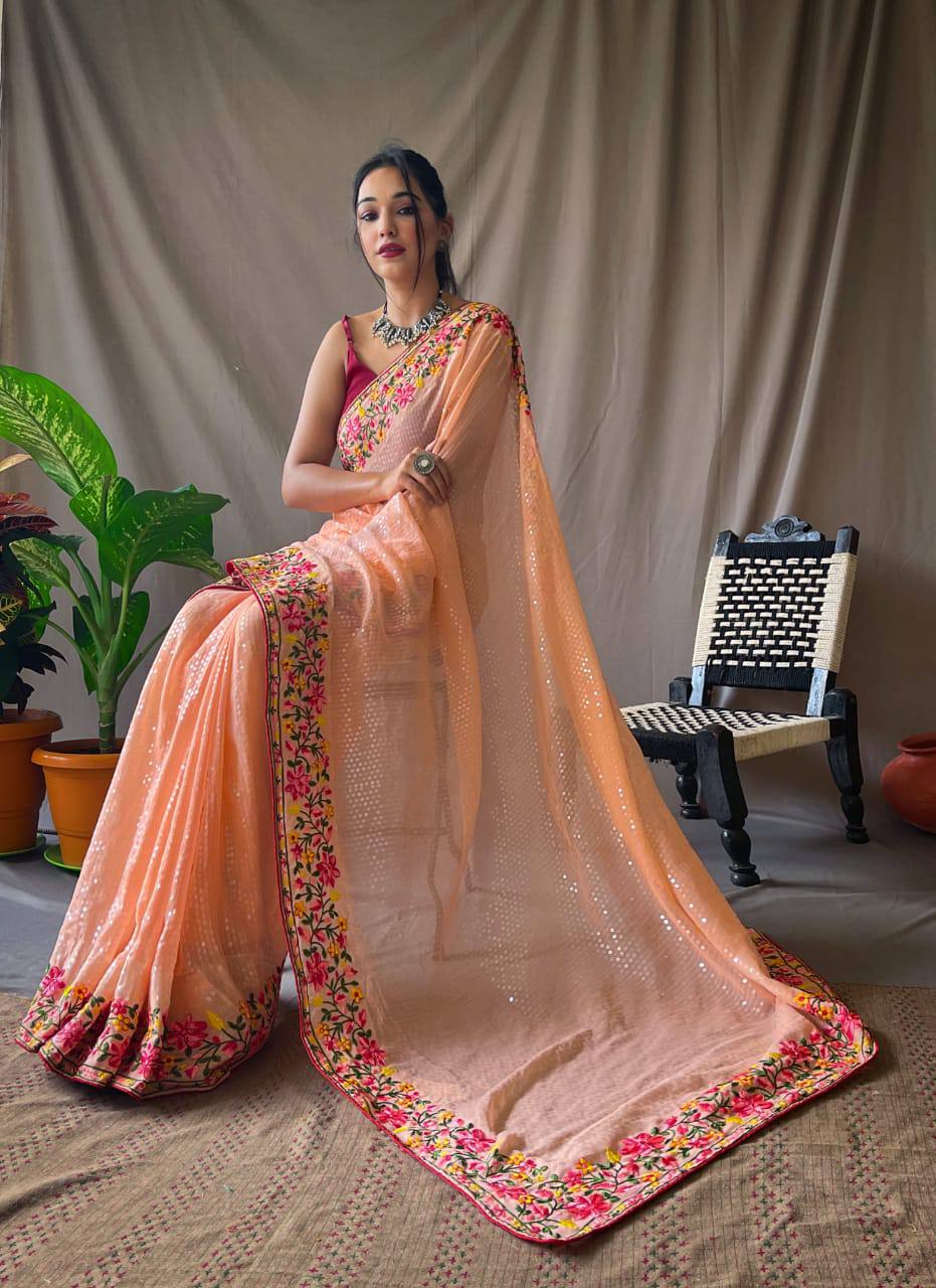 Orange Pure Gorgate Saree With Sequence Work