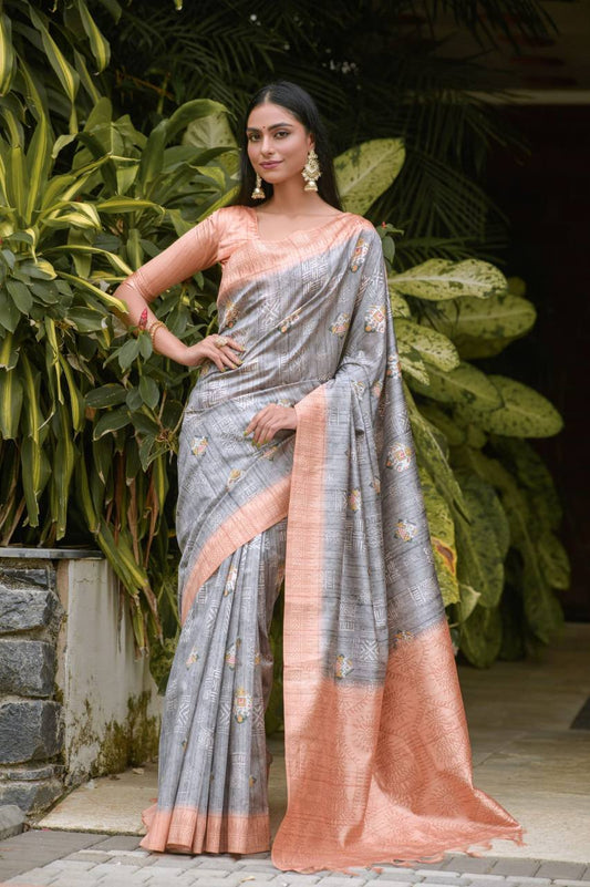 Grey Soft Banarasi Silk Saree With All Over Zari Weaving Pattern
