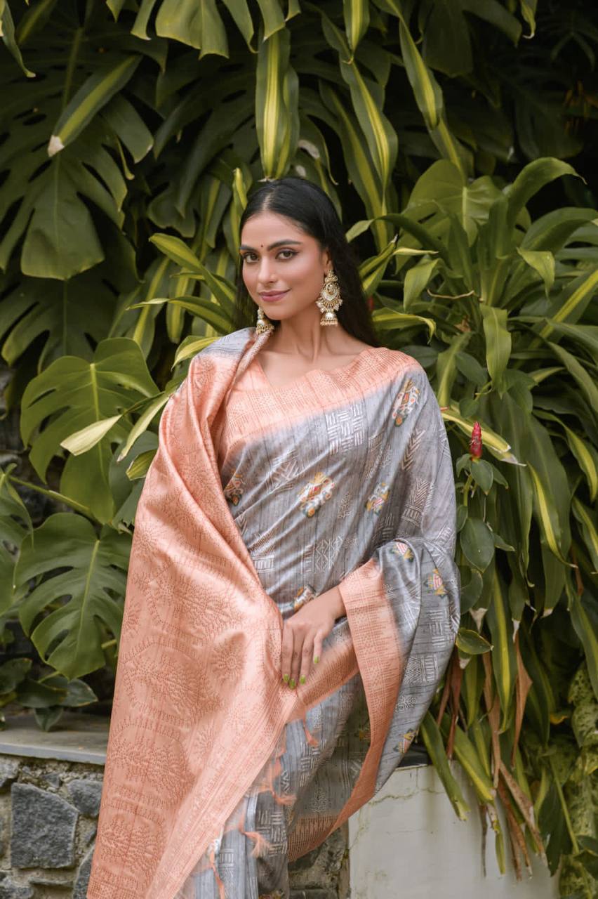 Grey Soft Banarasi Silk Saree With All Over Zari Weaving Pattern