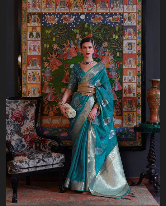 Sky Blue Two Tone Handloom Weaving Organza Saree