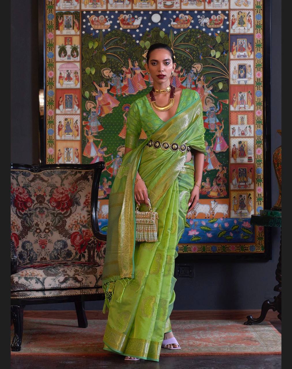 Parrot Two Tone Handloom Weaving Organza Saree