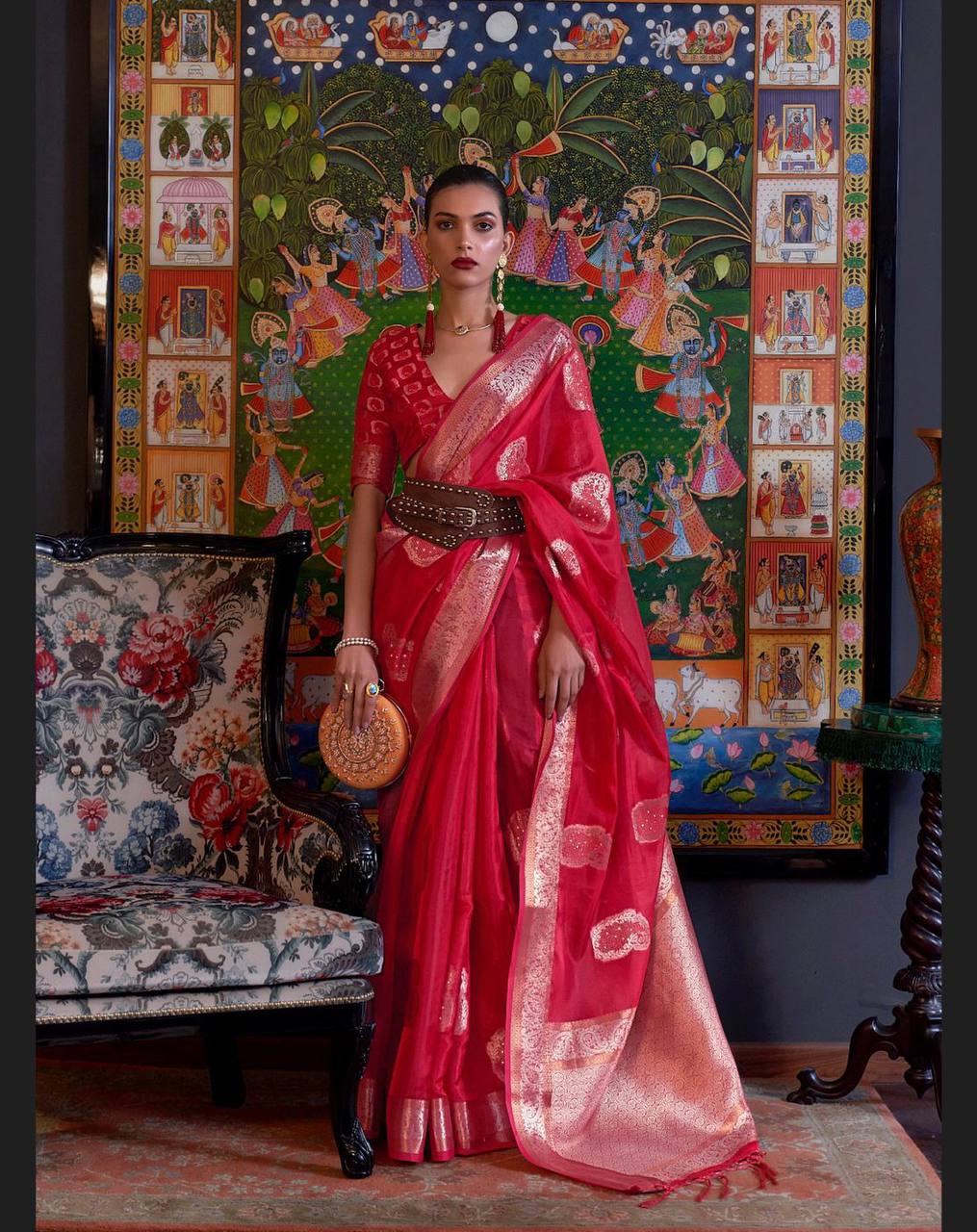 Red Two Tone Handloom Weaving Organza Saree