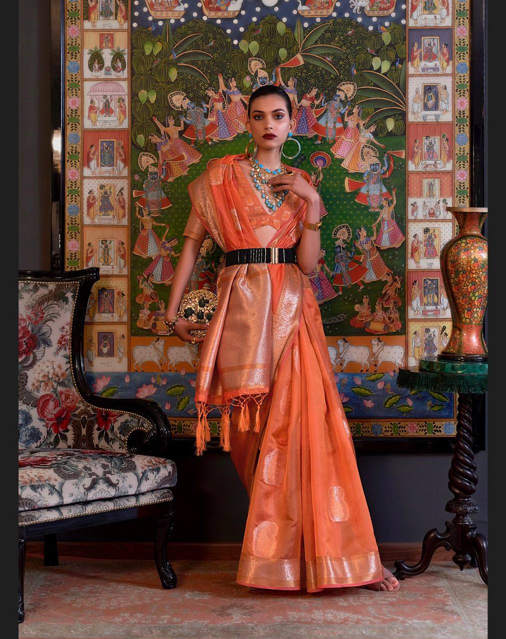 Orange Two Tone Handloom Weaving Organza Saree