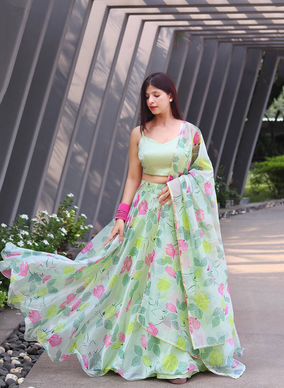 Pista Green Organja Fabric Lehengha Choli