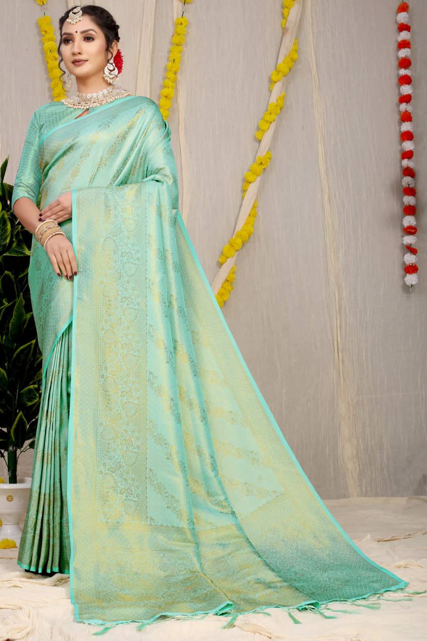 Teal Pure Kanchipuram Silk Sarees In Pure Gold Zari