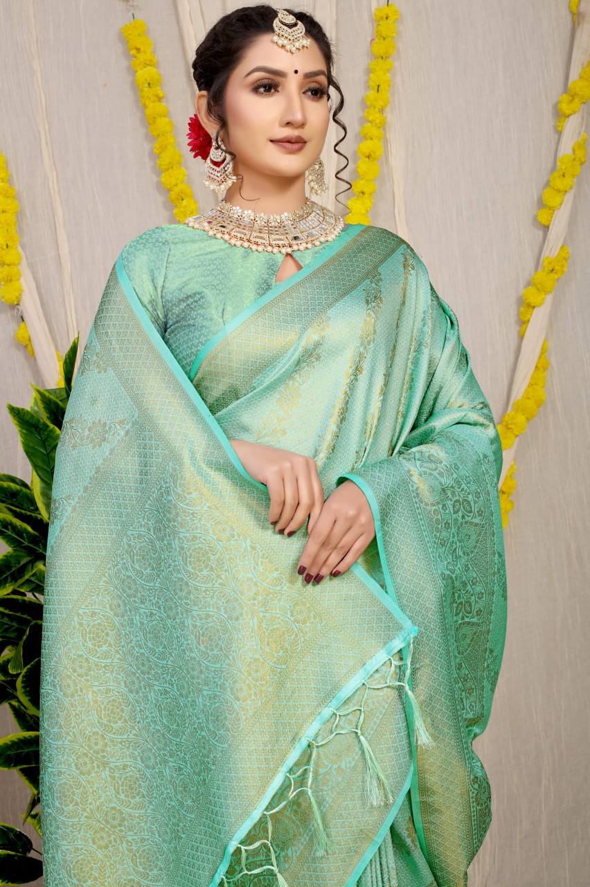 Teal Pure Kanchipuram Silk Sarees In Pure Gold Zari