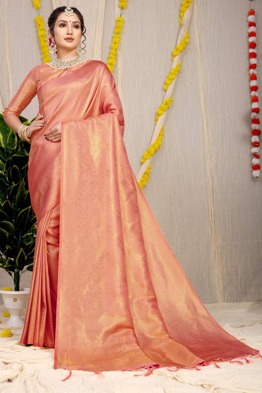 Orange Pure Kanchipuram Silk Sarees In Pure Gold Zari