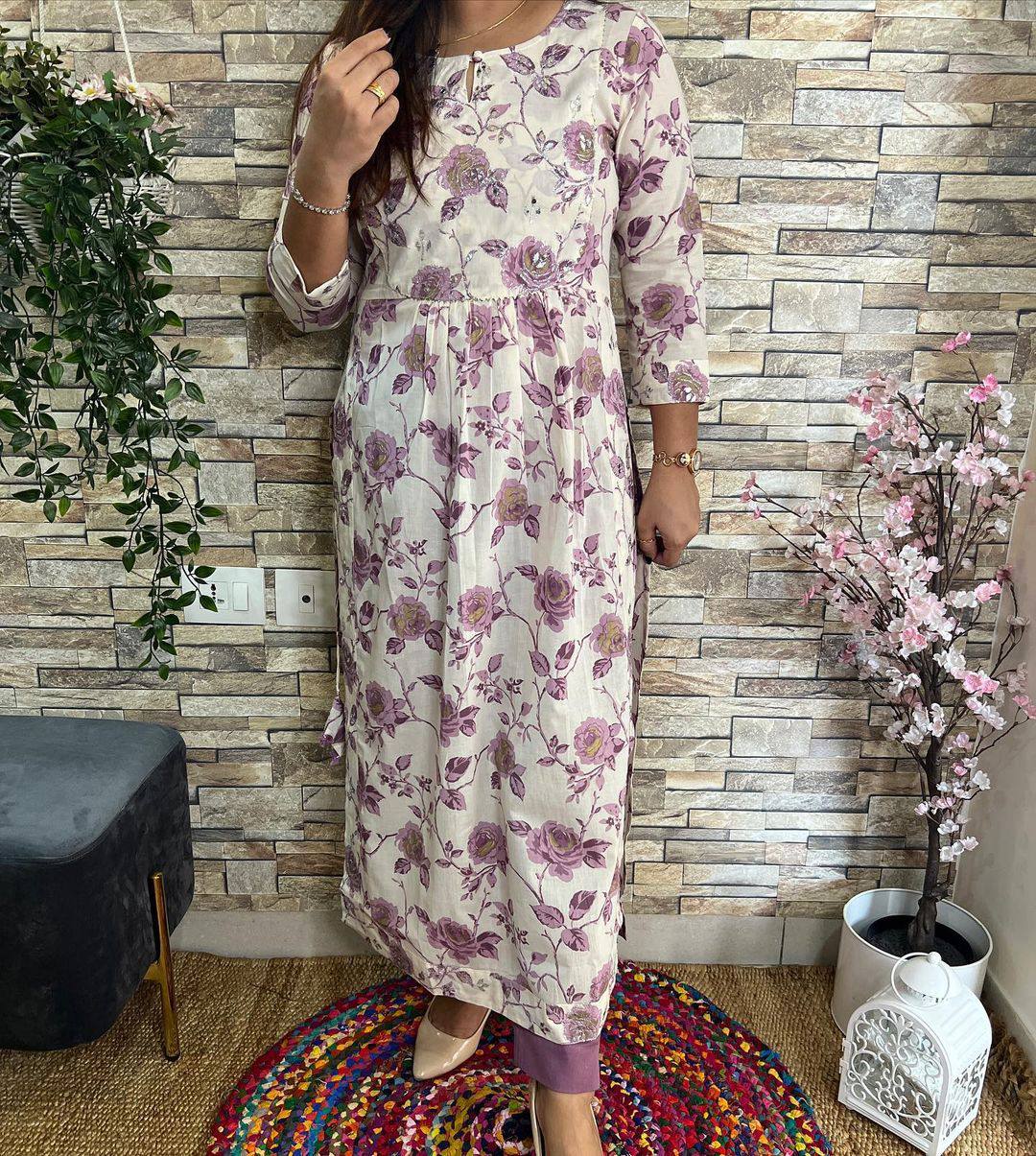 Pure Fine Cotton Fabric With Naira Cut Kurti With Pent Set