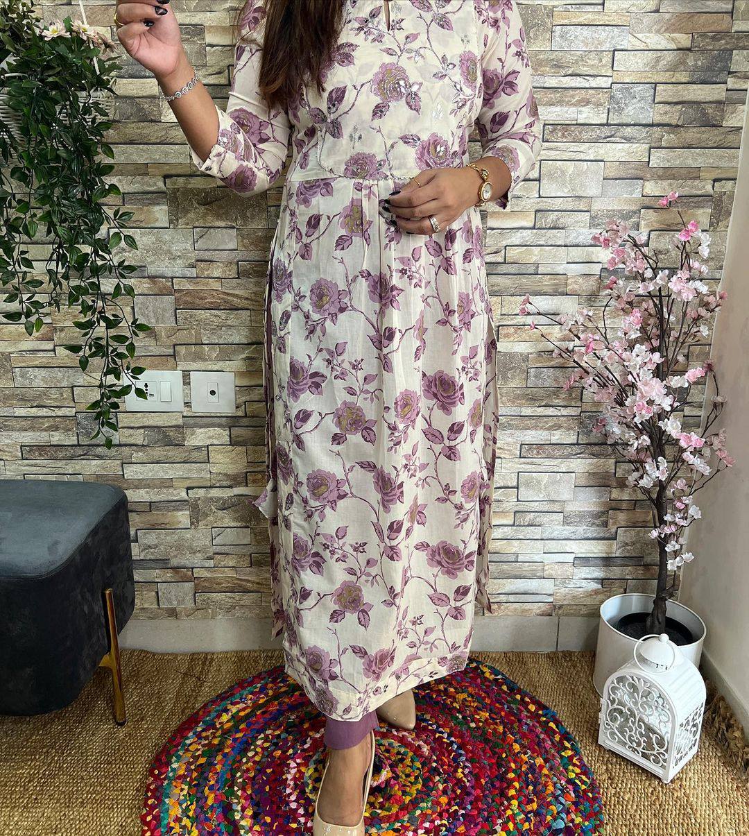 Pure Fine Cotton Fabric With Naira Cut Kurti With Pent Set