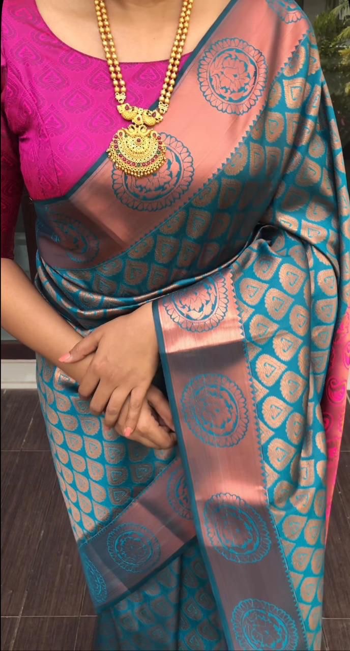 Rama Lichi Silk Banarasi Saree With Copper Weaving