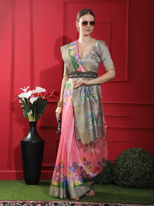 Pink Tussar Print Soft Saree with all Over Beautiful Print