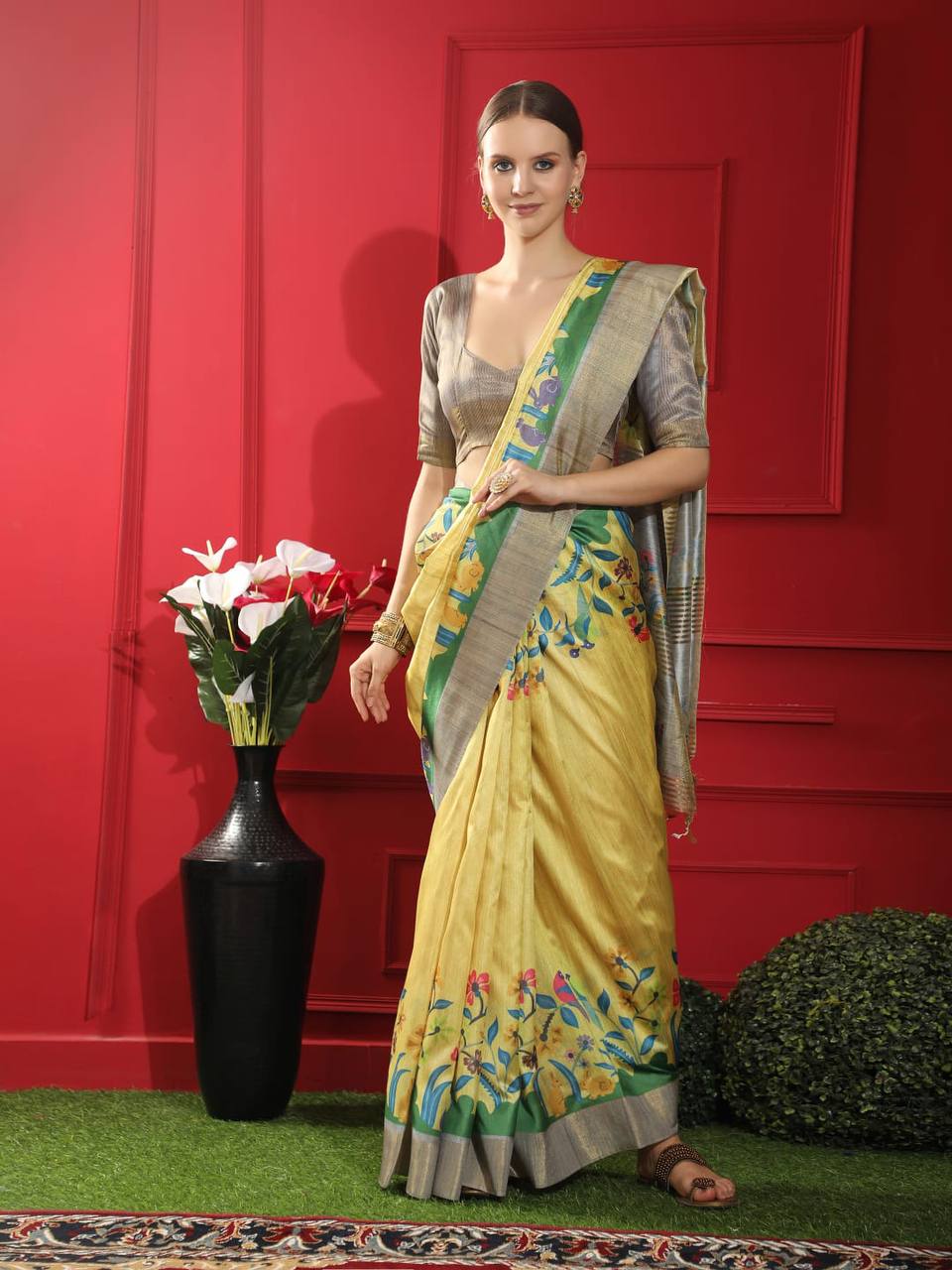 Lemon Tussar Print Soft Saree with all Over Beautiful Print