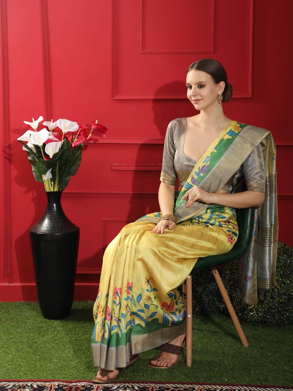 Lemon Tussar Print Soft Saree with all Over Beautiful Print