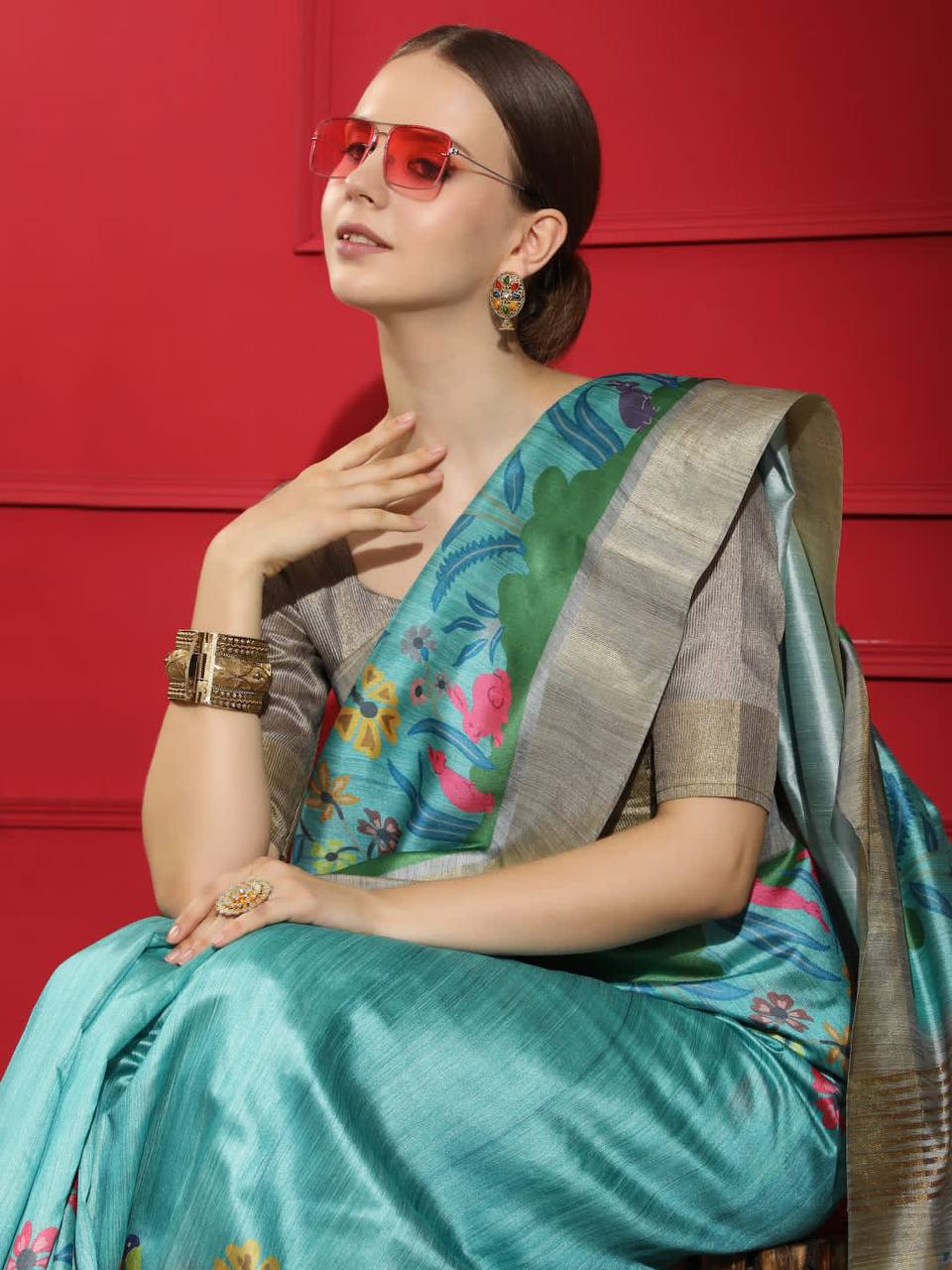 Sky Blue Tussar Print Soft Saree with all Over Beautiful Print