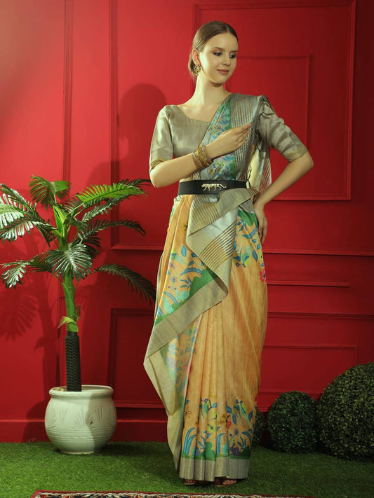 Yellow Tussar Print Soft Saree with all Over Beautiful Print