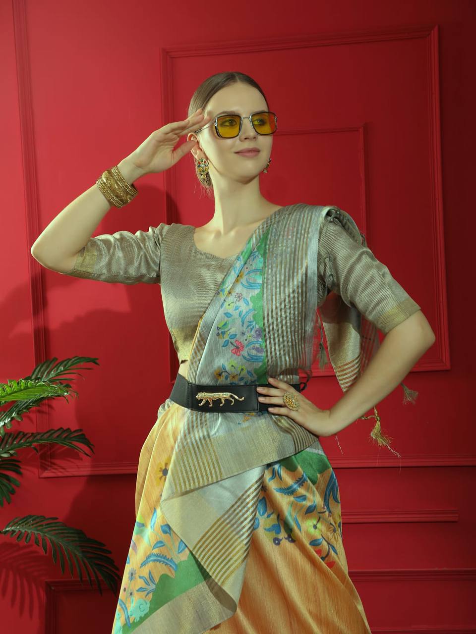 Yellow Tussar Print Soft Saree with all Over Beautiful Print