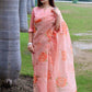 Peach Soft Organza Silk Saree With All Over Hand Print