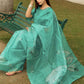 Teal Soft Organza Silk Saree With All Over Hand Print