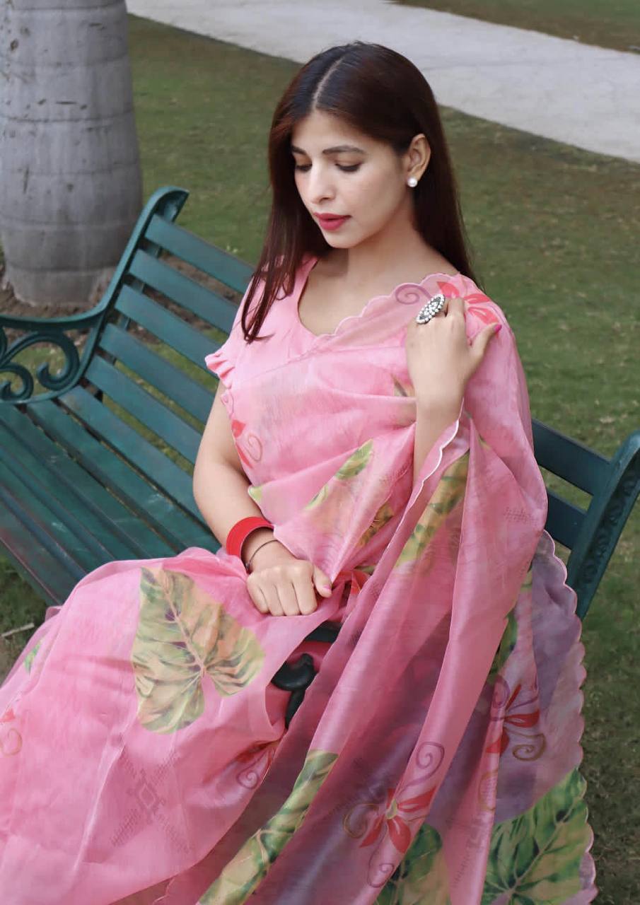 Pink Soft Organza Silk Saree with Beautiful Floral Print