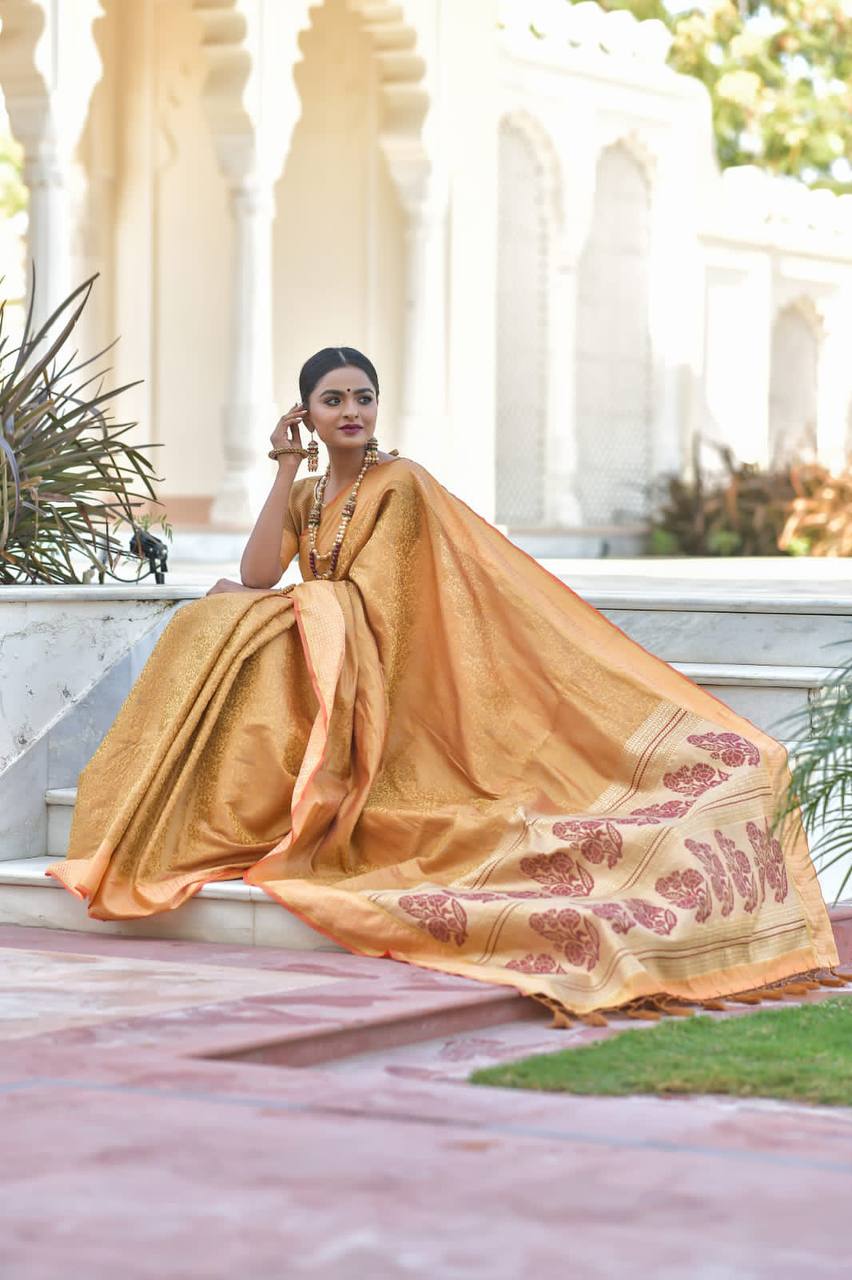 Gold Soft kanchipuram silk saree with all over zari weaves