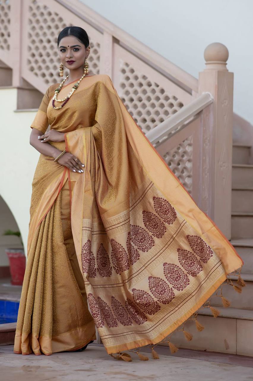 Yellow Soft kanchipuram silk saree with all over zari weaves