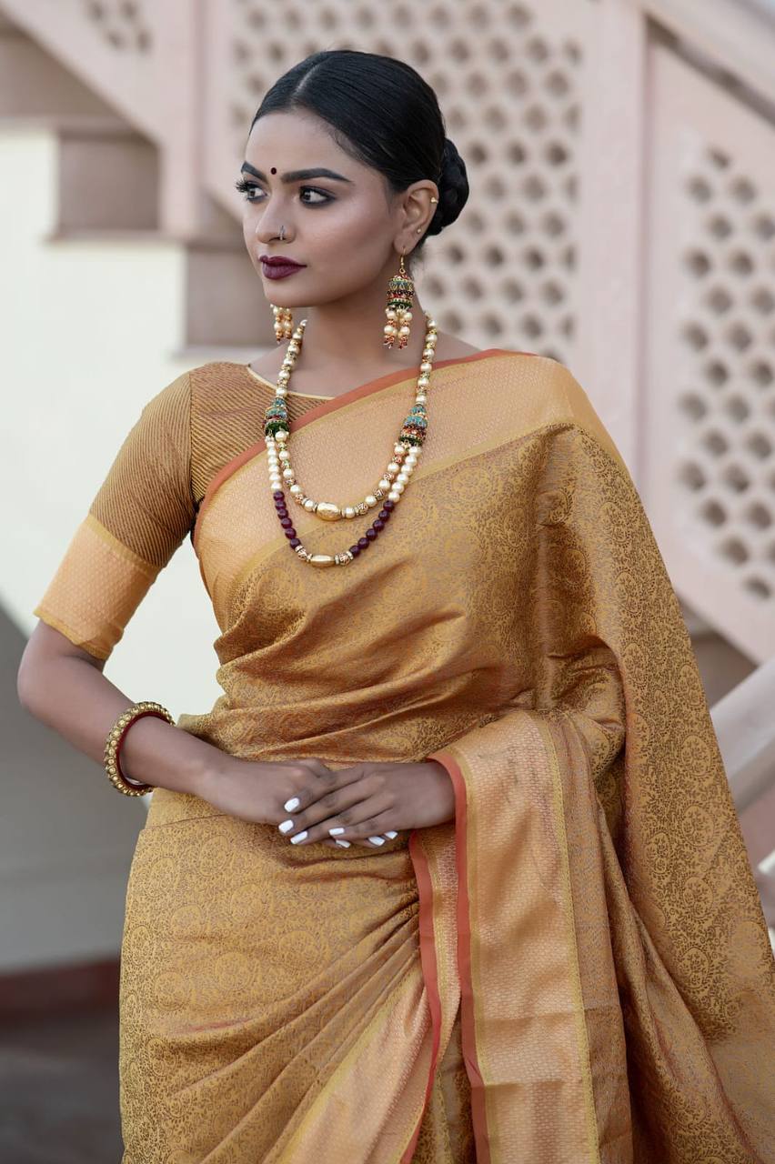 Yellow Soft kanchipuram silk saree with all over zari weaves