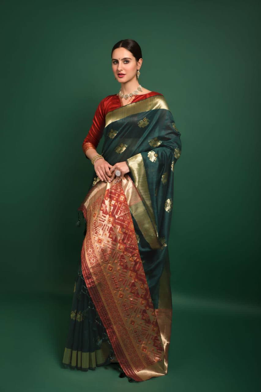 Green Tussar Silk Patola Weaving Saree With Zari Woven Border