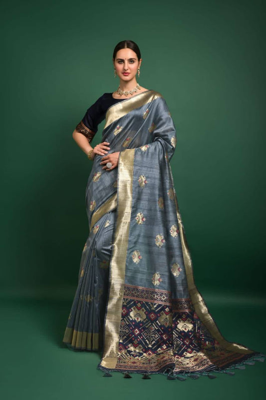 Grey Tussar Silk Patola Weaving Saree With Zari Woven Border