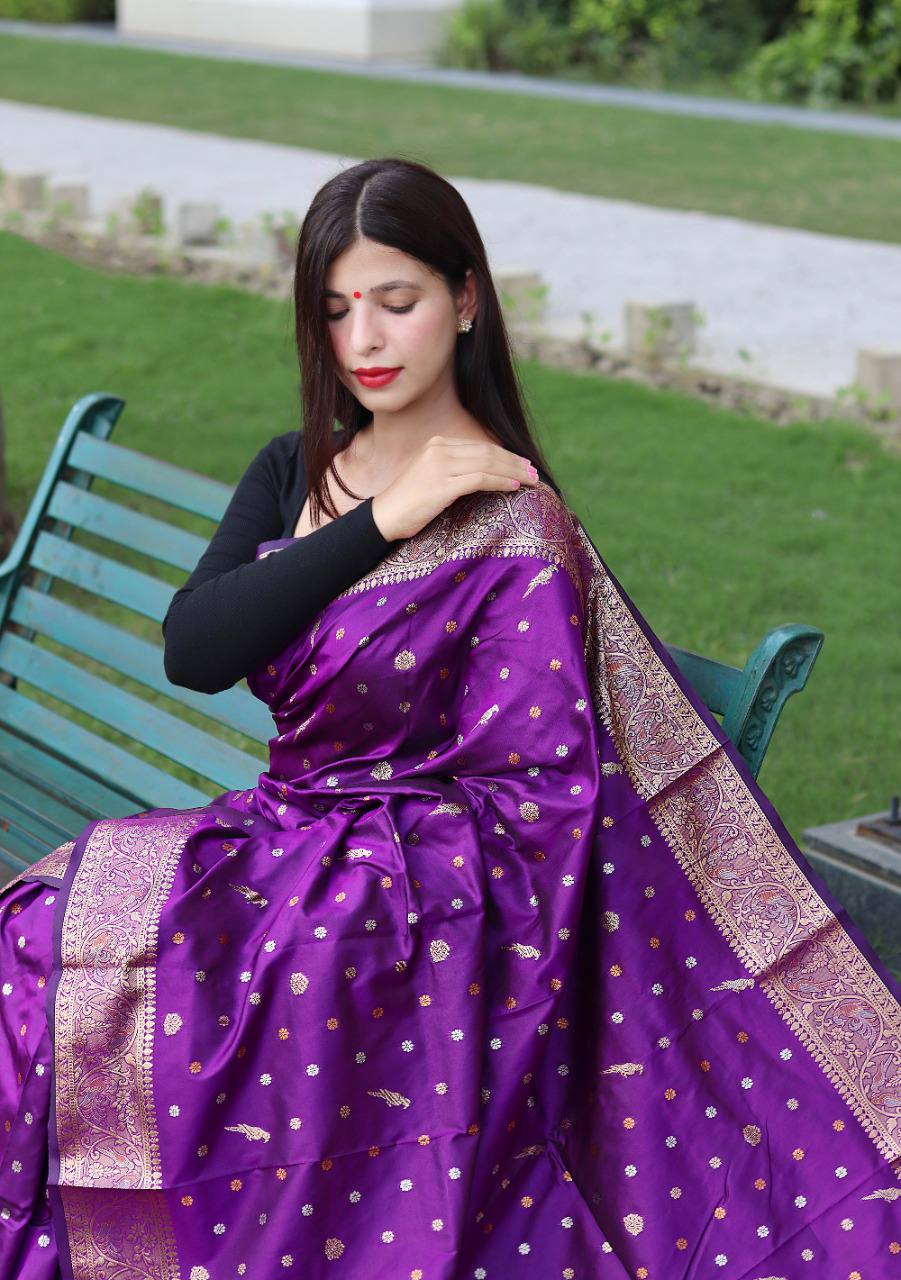 Purple Pure Soft Silk Saree With Copper And Golden Zari Weaved Border