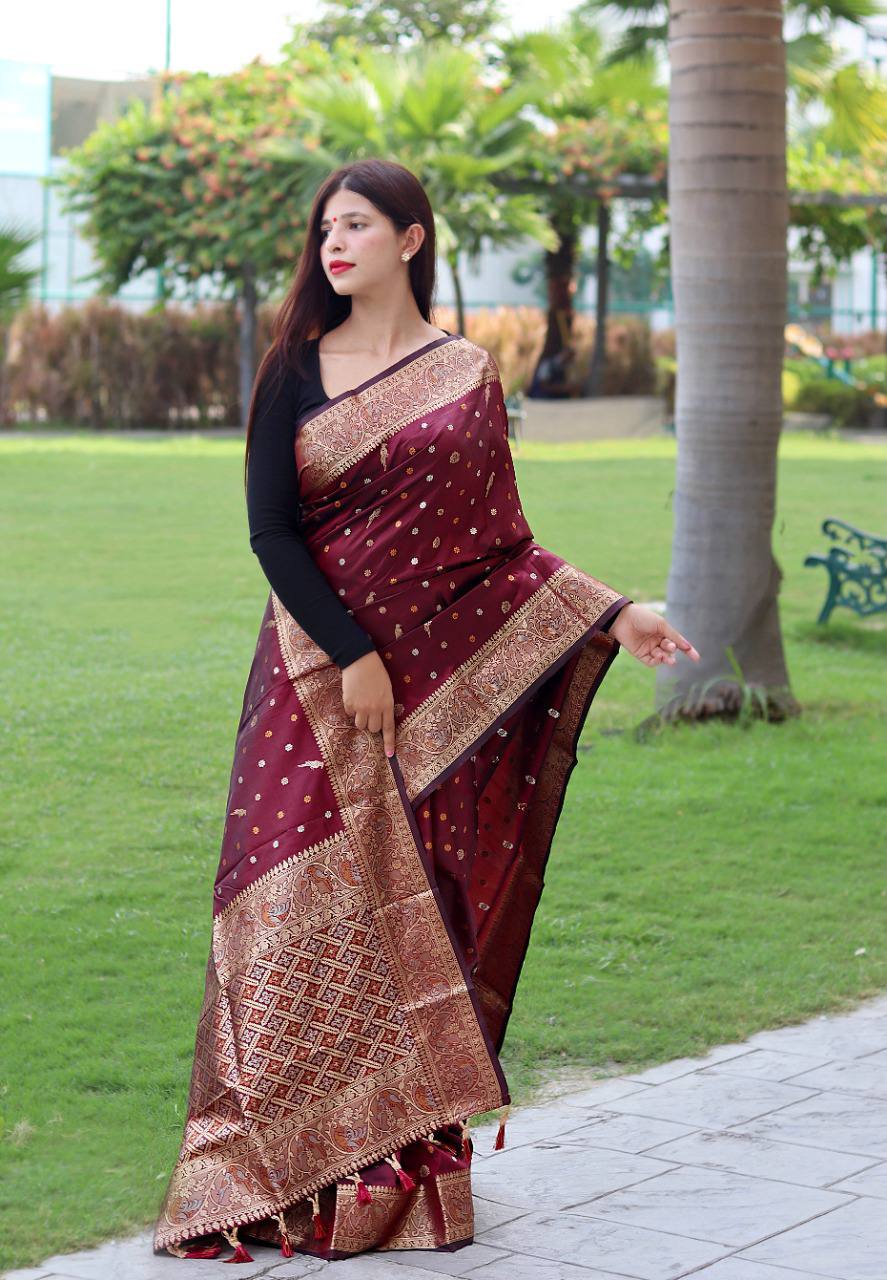 Wine Pure Soft Silk Saree With Copper And Golden Zari Weaved Border