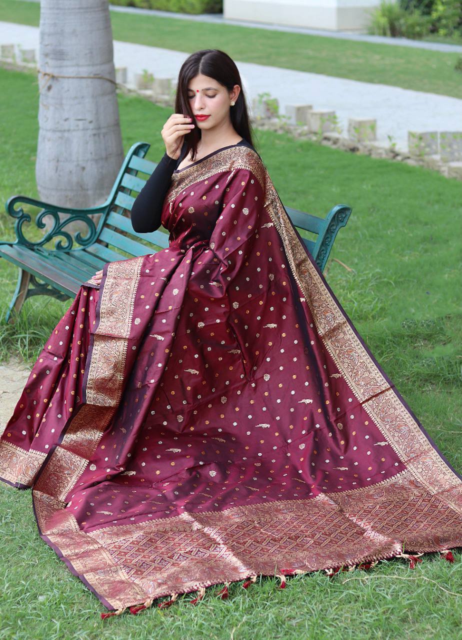 Wine Pure Soft Silk Saree With Copper And Golden Zari Weaved Border