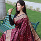 Wine Pure Soft Silk Saree With Copper And Golden Zari Weaved Border