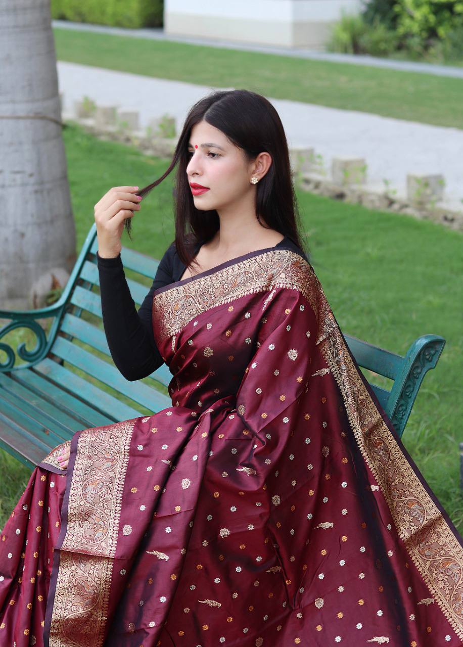 Wine Pure Soft Silk Saree With Copper And Golden Zari Weaved Border