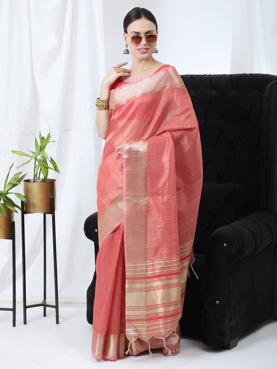 Pink Tissue Linnen Silk Saree With Fancy Zari Weaving Border