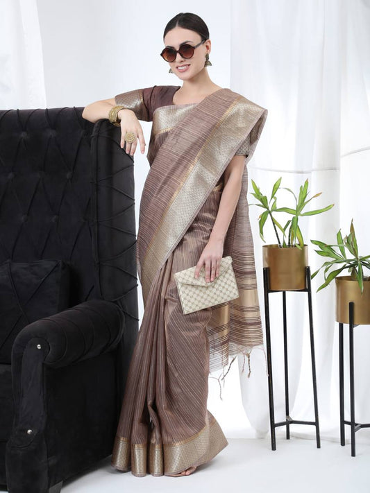 Brown Tissue Linnen Silk Saree With Fancy Zari Weaving Border